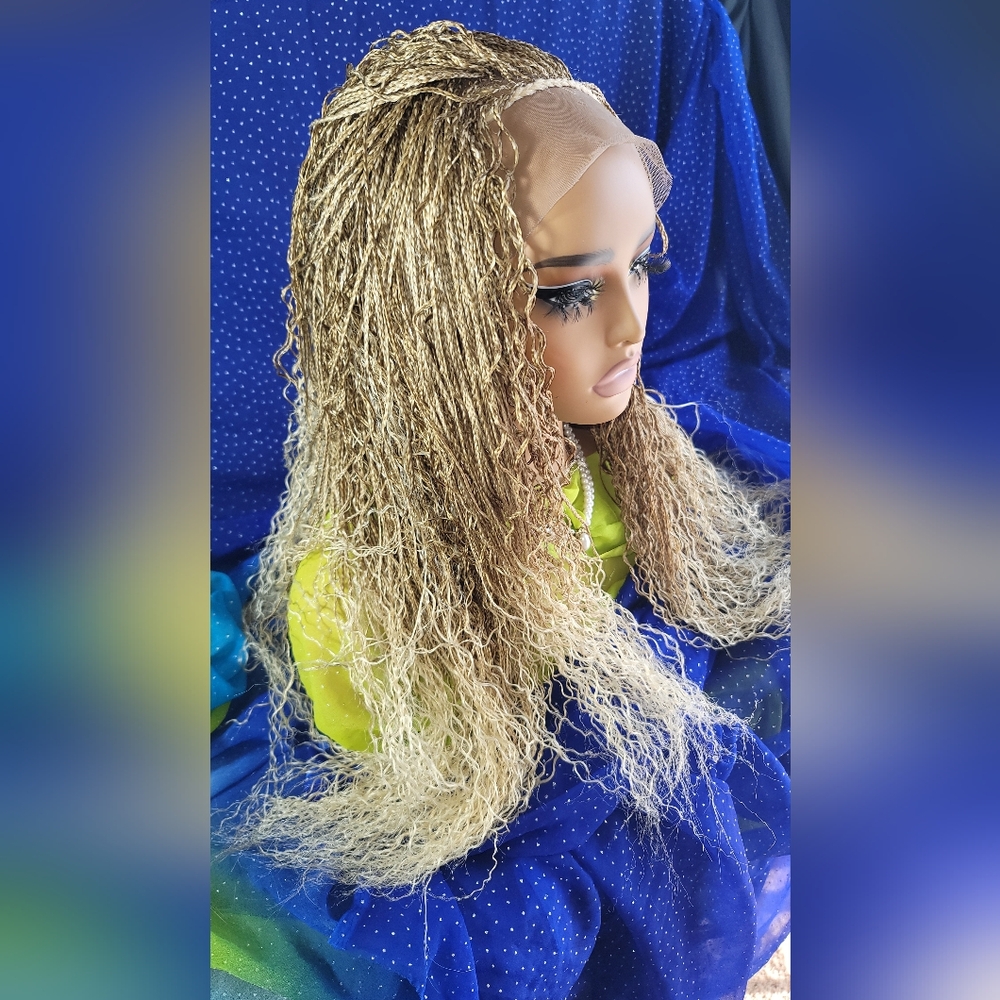 Micro Braided Wig boho | Blonde 613/27 Ombre | Long 22" | Curly Ends Full Lace โจ - Picture 7 of 15